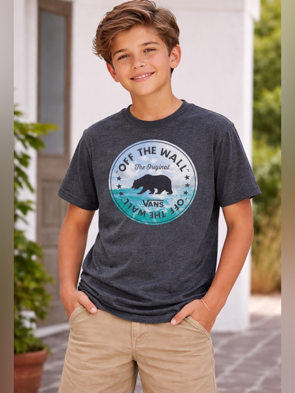 Vans Kids Dark Charcoal Graphic Tee with Blue-Green Logo Size Medium